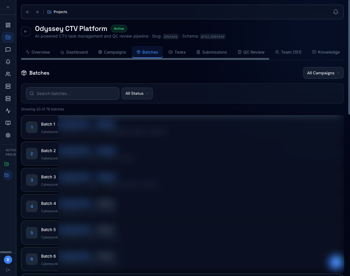 Batch list with status, assignment, and search