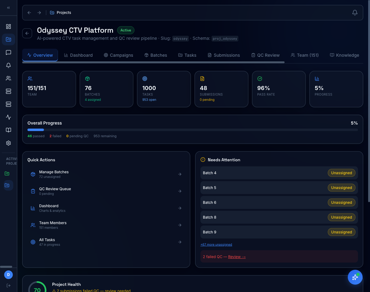 Per-project KPIs: 76 batches, 1000 tasks, 96% pass rate, 151-member team